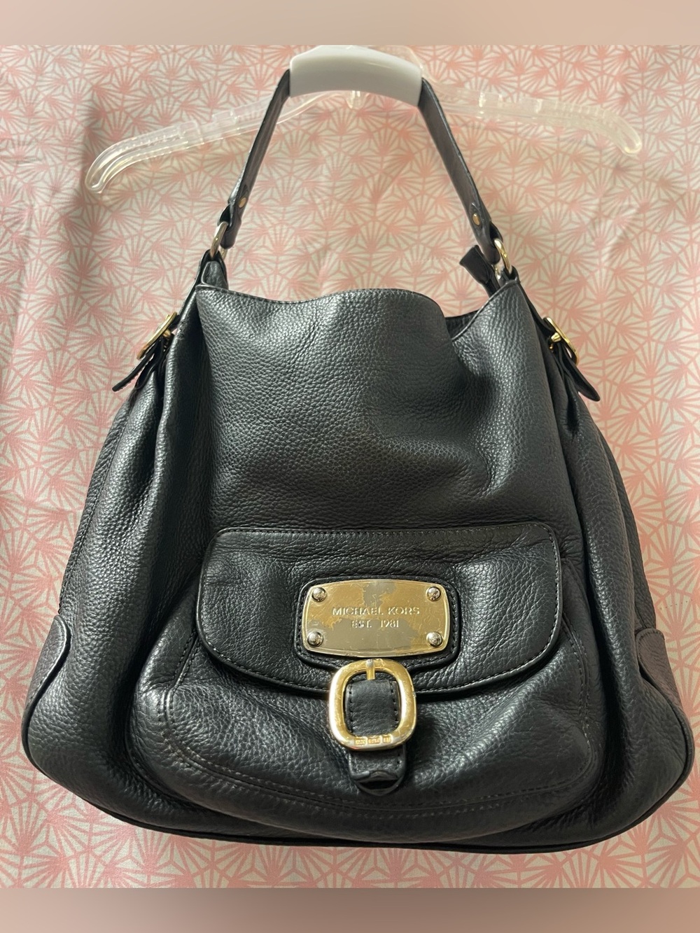 Michael Kors Black Pebbled Leather Hobo Shoulder Bag EST 1981 Buckle Hardware